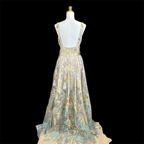 Metallic Floral Lace V-Neck Formal Gown Open Back A-Line Prom Dress Champagne - Picture 7 of 11